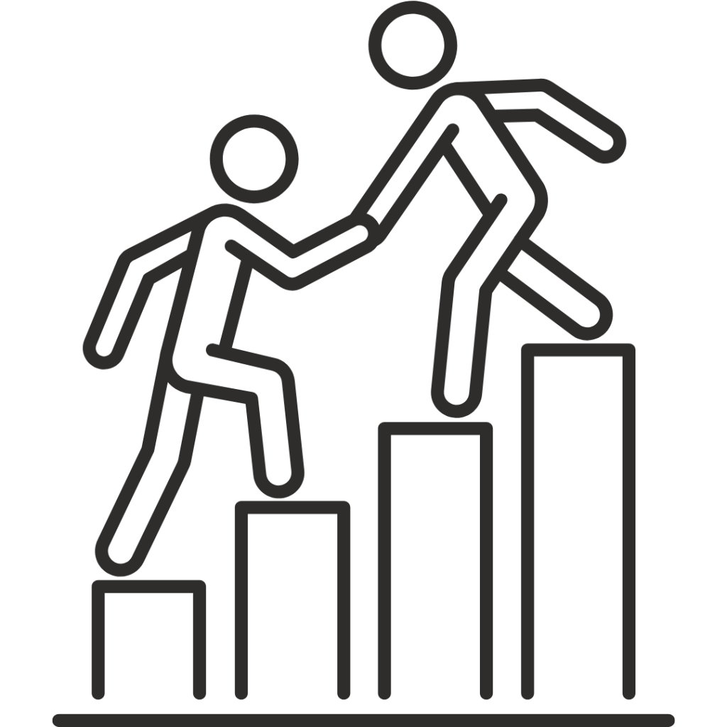 Grafik von zwei Personen, die Stufen erklimmen. Die eine Person hilft der anderen Person bei dem Aufstieg.